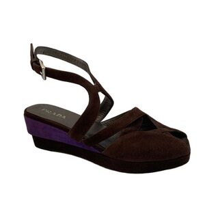 Prada Calzature Donna Ankle Strap Suede Leather Peep Toe Wedge Heel, Brown sz 38